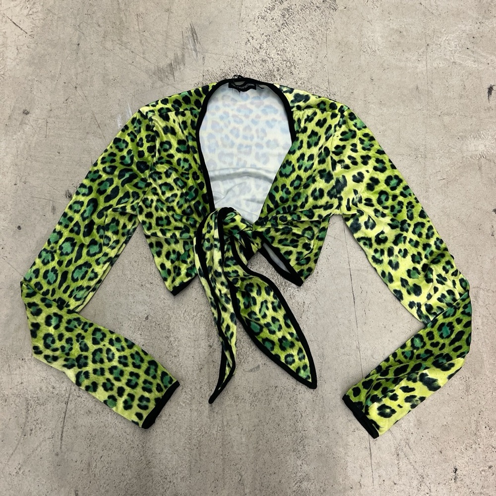 Prettylittlething green leopard tie crop top